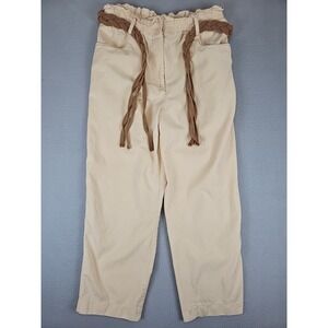 ZARA Pants Women's Size M 28x23.5 Beige Braided Belt Cropped Lycocell Blend BOHO
